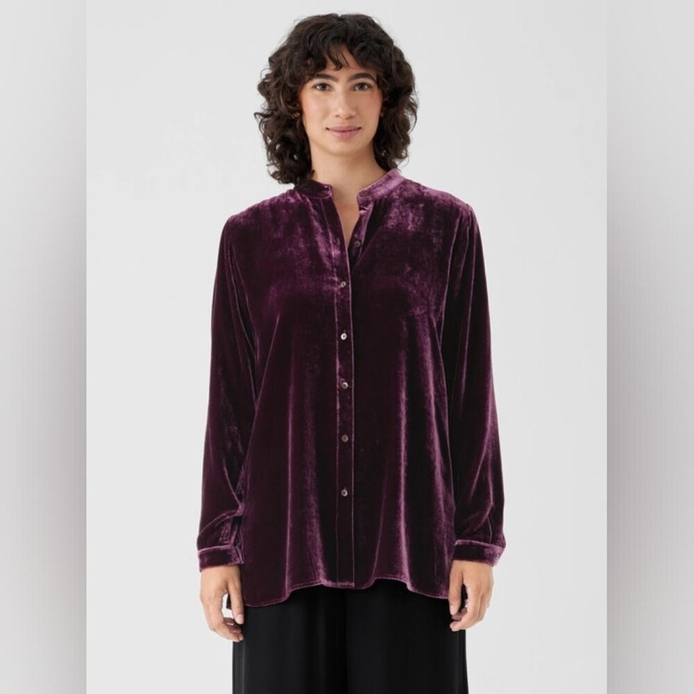 Eileen Fisher Plum Velvet Band Collar Long Shirt Size Large
